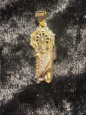 Gold Religious Pendant Necklace with Crystal Accents - Women's Jewelry